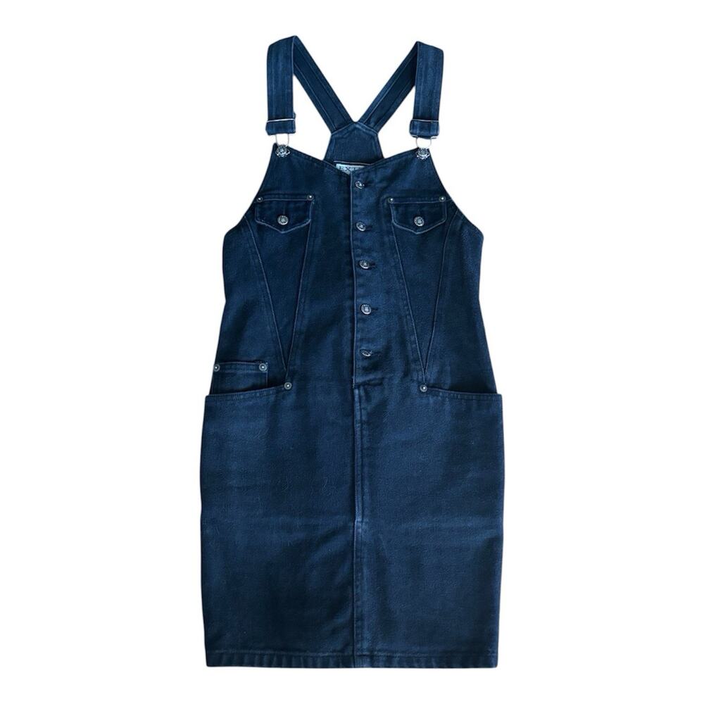 VINTAGE 90s Extra Blues Black Denim Overall Jumper Dress Button Fly Mini Small 5